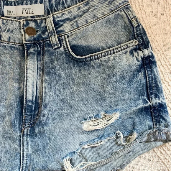 Topshop High Rise Distressed Denim Hallie Moto Shorts - Picture 2 of 8
